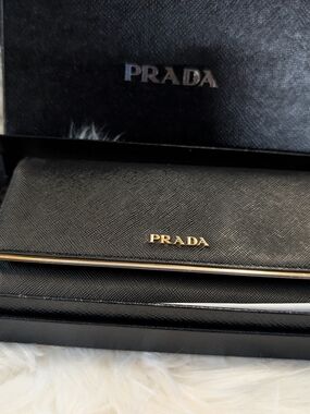 PRADA Black Saffiano Leather Wallet with Gold Logo